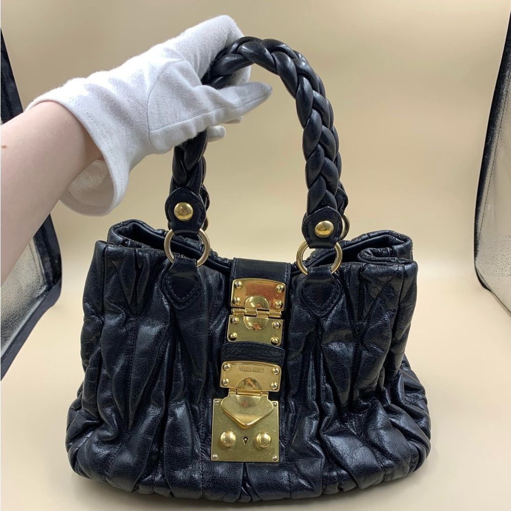 Miu Miu Black Leather Shoulder Bag with Gold Hardware